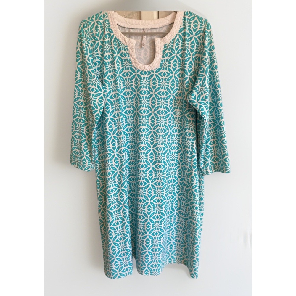 Lulu‎ B 3/4 Sleeve Dress Teal White Geometric Print Shift  XL Preppy Cruisewear